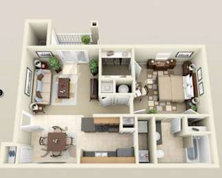 A 3D floor plan of a house showing a kitchen, living room, dining room, and two bedrooms.