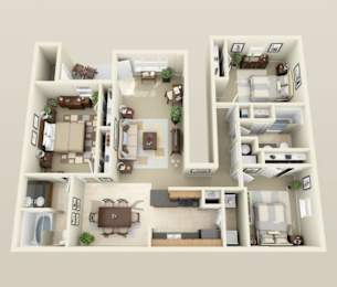 A 3D floor plan of a multi-room apartment.