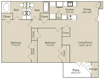 A floor plan of a house with a kitchen, dining room, living room, two bedrooms, a bathroom, a closet, a pantry, and a storage area.
