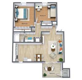 A floor plan of an apartment with two bedrooms, a balcony, and a storage area.