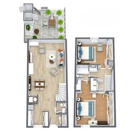 A floor plan of a two-story apartment with a living room, kitchen, and bedrooms.