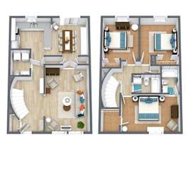 A floor plan of a two-story house with a living room, dining room, kitchen, and bedrooms.