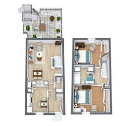 A floor plan of a two-bedroom apartment with a living room, kitchen, and bathroom.