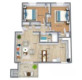 A floor plan of a house with two bedrooms, a living room, a dining room, a kitchen, a balcony, and storage.
