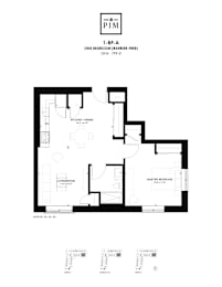 A floor plan of a one bedroom apartment with a washroom and a living area.