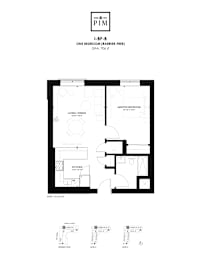 A floor plan of a one bedroom apartment with a living and dining area, a kitchen, and a master bedroom.