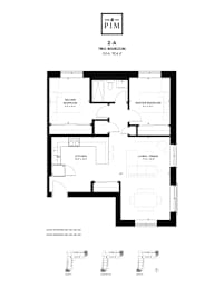 A black and white image of a floor plan for a two-bedroom apartment.
