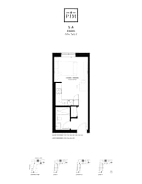 A floor plan for a studio apartment is displayed with labeled rooms and dimensions.