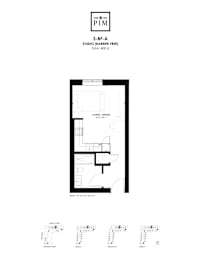 A floor plan for a studio apartment with a kitchenette and living room.