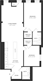A floor plan of an apartment with two bedrooms, a living area, a kitchen, and a foyer.