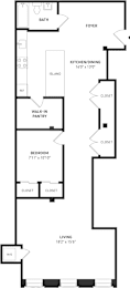 A floor plan of a house with a kitchen, dining area, living room, bedrooms and bathrooms.