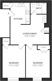A black and white image of a floor plan for a house with a pantry, bath, kitchen, living/dining area, and two bedrooms.