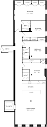 A floor plan of an apartment with two bedrooms, a living room, a kitchen, and an elevator.