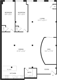 A black and white image of a floor plan for a home with two bedrooms, a living room, a dining room, a kitchen, an island, a foyer, and a den.