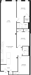 A black and white image of a floor plan for a house with three bedrooms, a living area, a kitchen, a bathroom, and a foyer.