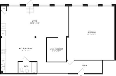 A floor plan of a home with a living room, dining room, kitchen, bathroom, bedroom, and foyer.