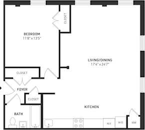 A black and white image of a floor plan for a small apartment.