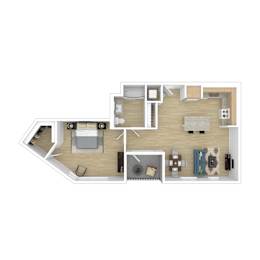 A top-down view of a house layout with a kitchen, living room, and bedrooms.