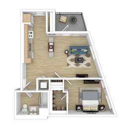 A 3D floor plan of a house with a living room, kitchen, and two bedrooms.