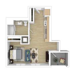 A floor plan of a house with a kitchen, living room, and bathroom.