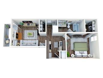 A 3D floor plan of a small apartment with a kitchen, living room, and bedroom.