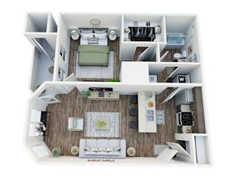 A top-down view of a small apartment with a living room, kitchen, and bedroom.