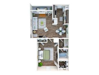 A floor plan of a two-story apartment with a living room, kitchen, and bedrooms.