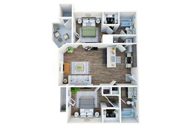 A top-down view of a house layout with a living room, kitchen, dining area, and bedrooms.