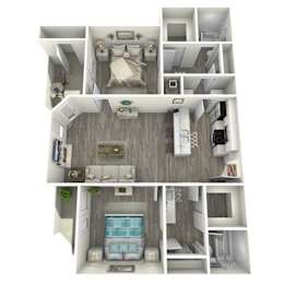 A 3D floor plan of a small apartment with a bedroom, living room, kitchen, and bathroom.