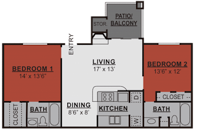 Two bedroom two bathroom apartment floor plan at Park at LeBlanc Apartments, Texas