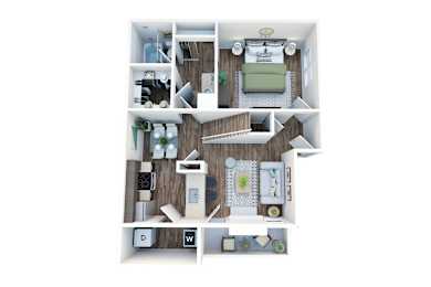 A dollhouse with a white background and a wooden floor.