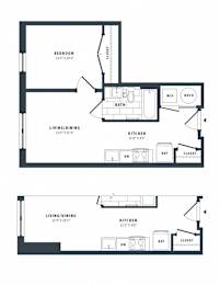 A floor plan of a small apartment with a bedroom, living/dining area, kitchen, and bathroom.