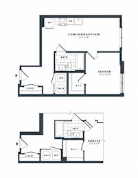 A floor plan of a house with a living room, dining room, kitchen, and two bedrooms.