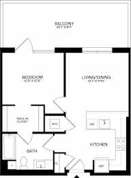 A floor plan of a home with a balcony, bedroom, living/dining area, kitchen, bathroom, and walk-in closet.