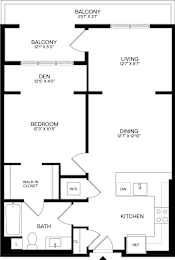 A floor plan of a home with a living room, dining room, kitchen, and bathroom.
