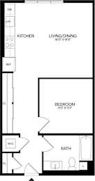 A black and white image of a floor plan for a small apartment.