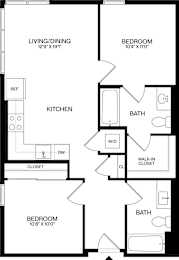 A black and white image of a floor plan for a home with a living/dining area, kitchen, two bedrooms, and two bathrooms.