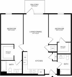A black and white image of a floor plan for a home with a balcony, two bedrooms, a living/dining area, a kitchen, two bathrooms, a walk-in closet, and a reference area.