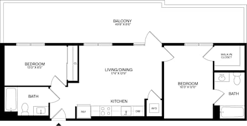 A black and white image of a floor plan for a balcony, living/dining area, kitchen, and two bedrooms.