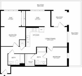 A black and white image of a floor plan for a home with a balcony, kitchen, living/dining area, and bathrooms.