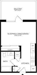 A black and white floor plan of a small apartment with a balcony and a bathroom.