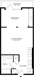 A floor plan of a small apartment with a bedroom, living room, kitchen, and bathroom.