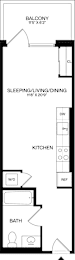 A black and white floor plan of a small apartment with a balcony, kitchen, bathroom, and sleeping/living/dining area.