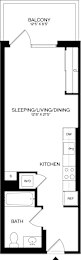 A floor plan of a small apartment with a balcony, kitchen, bathroom, and sleeping/living/dining area.
