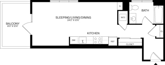 A floor plan of a small apartment with a sleeping area, kitchen, and bathroom.