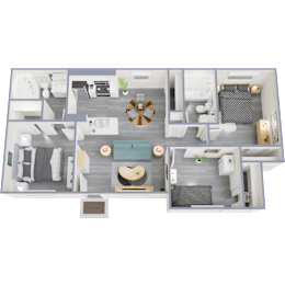 A 3D floor plan of a house with a living room, kitchen, dining room, and bedrooms.