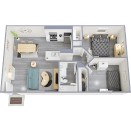A 3D rendered image of a modern apartment layout.