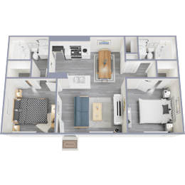 A 3D floor plan of a house with a living room, kitchen, and two bedrooms.