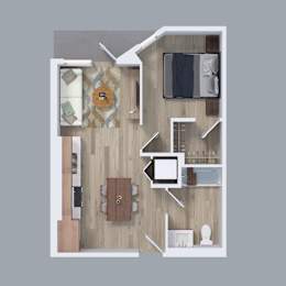 A top-down view of a modern apartment layout with a kitchen, living room, and bathroom at The Read, Los Angeles, CA 90016