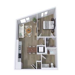 A top-down view of a small apartment with a kitchen, living room, and bathroom.